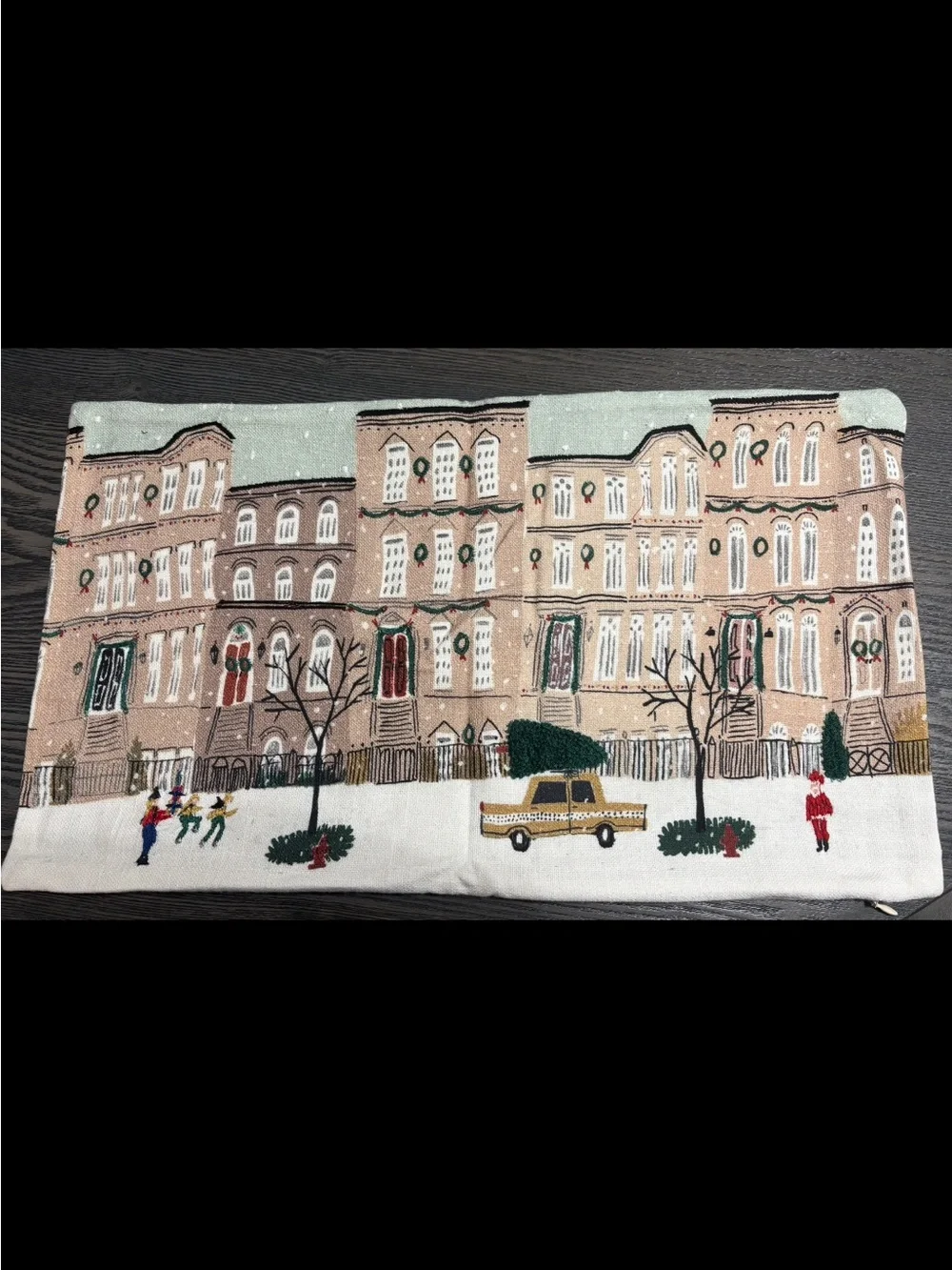West Elm Embroidered Christmas Townhouse Lumbar Pillow Cover EUC Holiday Decor